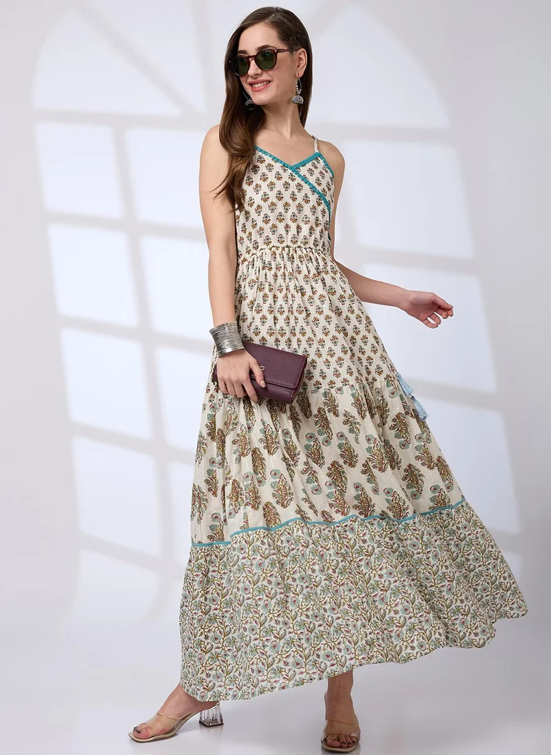 جلو باص فستان ماكسي نسائي بياقة على شكل حرف  وحمالات مزين بشراريب ورباط وطبعات زهور بتصميم - فيوجن